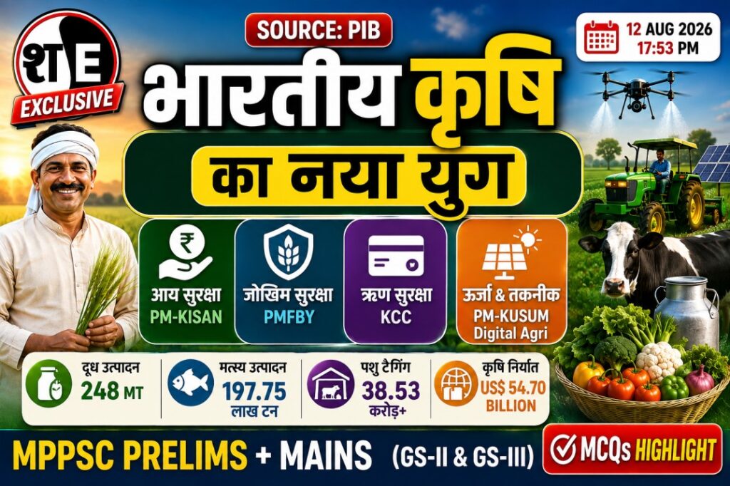 MPPSC प्रारम्भिक एवं मुख्य परीक्षा (GS-II & GS-III) के लिए भारतीय एवं मध्य प्रदेश कृषि अर्थव्यवस्था, डिजिटल कृषि मिशन, नवीनतम आंकड़े, मॉडल उत्तर व 43 महत्वपूर्ण MCQs का संपूर्ण SEO Master Exam Note। MPPSC Agriculture Notes Digital Agriculture Mission MP Agriculture Economy MPPSC Mains Model Answers PM-KISAN PMFBY KCC MSP Data 2026-27 मध्य प्रदेश कृषि अर्थव्यवस्था डिजिटल कृषि मिशन 