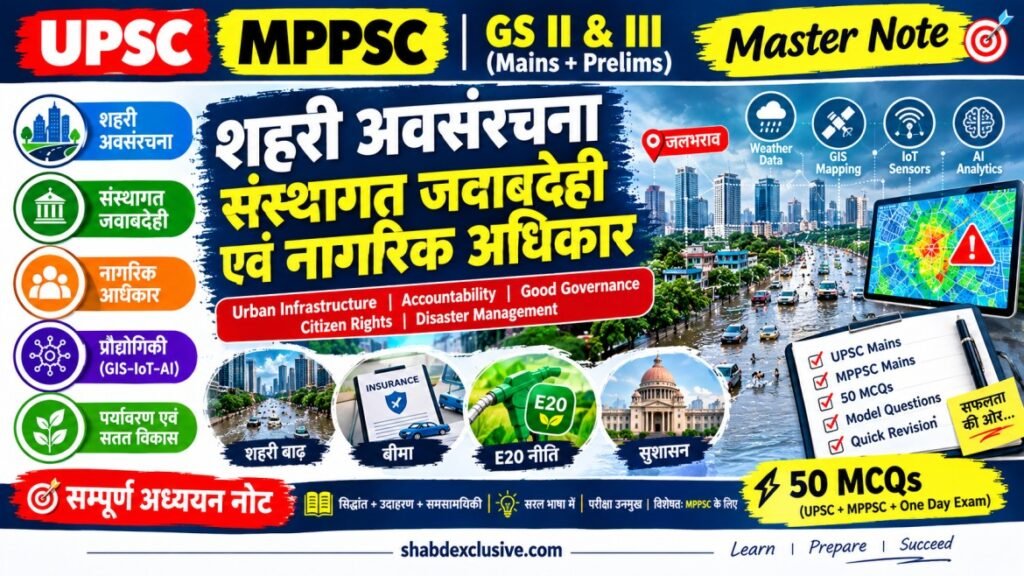 Alt Text: UPSC और MPPSC के लिए शहरी अवसंरचना, संस्थागत जवाबदेही, नागरिक अधिकार, E20 नीति और सुशासन का मास्टर नोट इन्फोग्राफिक बैनर।
एक विस्तृत अध्ययन नोट्स बैनर जिस पर हिंदी में 'शहरी अवसंरचना, संस्थागत जवाबदेही एवं नागरिक अधिकार' शीर्षक लिखा है। इसमें UPSC और MPPSC परीक्षा (GS II व III) के संदर्भ में शहरी बाढ़, बीमा, E20 नीति, सुशासन, तथा प्रौद्योगिकी (Weather Data, GIS Mapping, IoT Sensors, AI Analytics) के विषयों को दर्शाया गया है। बैनर में 50 MCQs, मॉडल उत्तर और क्विक रिविजन की विशेषताओं का भी उल्लेख है।